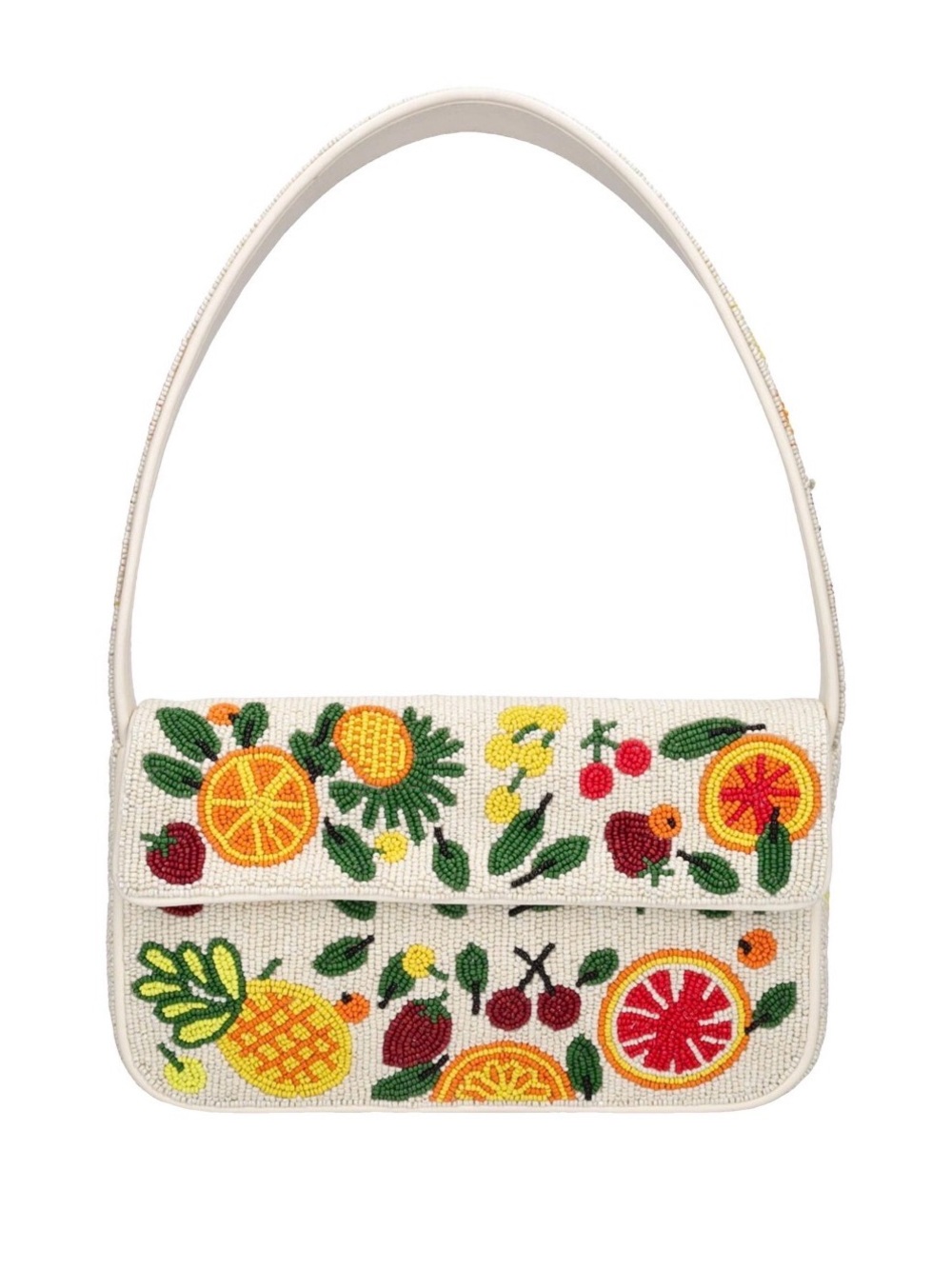 Staud Tommy White Beaded Fruit-Embroidered Shoulder Bag